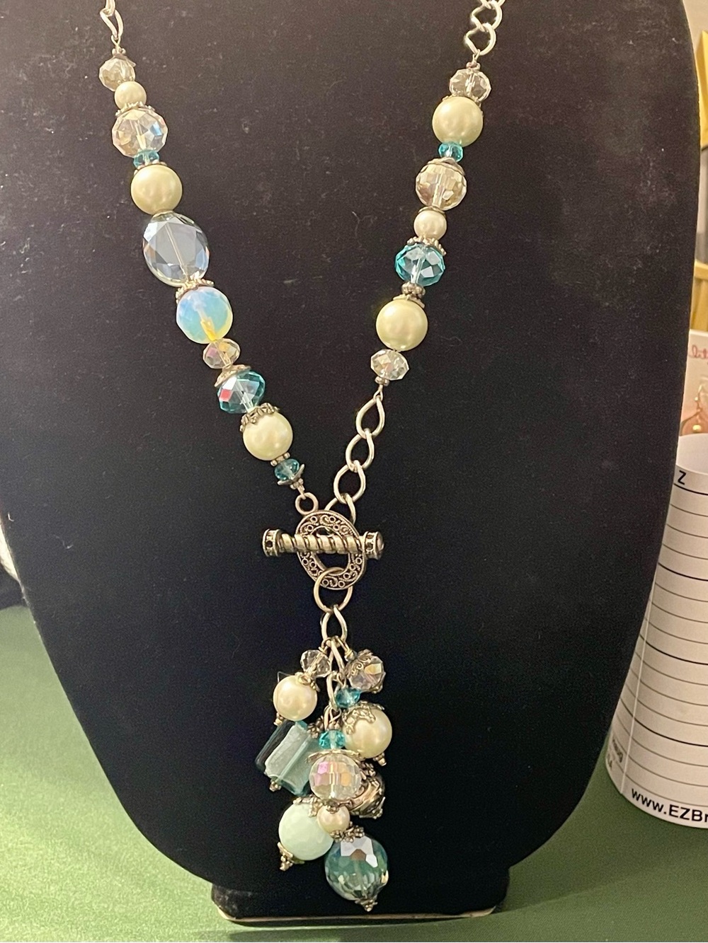 Beaded Charm Necklace in Blue Glass, Pearl & Crystal Beads. 30 inches. Like New